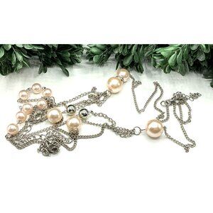 Long Silver-Tone Multi-Strand Necklace With Champagne Faux Pearls and Silver Bea